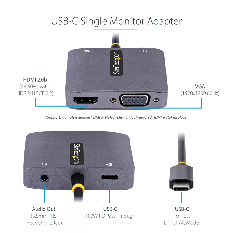 StarTech.com USB-C vaizdo adapteris, USB-C į HDMI VGA kelių prievadų adapteris, 3.5 mm garsas, 4K 60Hz HDR, 100W PD perdavimas, suderinamas su Thunderbolt 3/4 - USB-C kelioninis ekrano adapteris