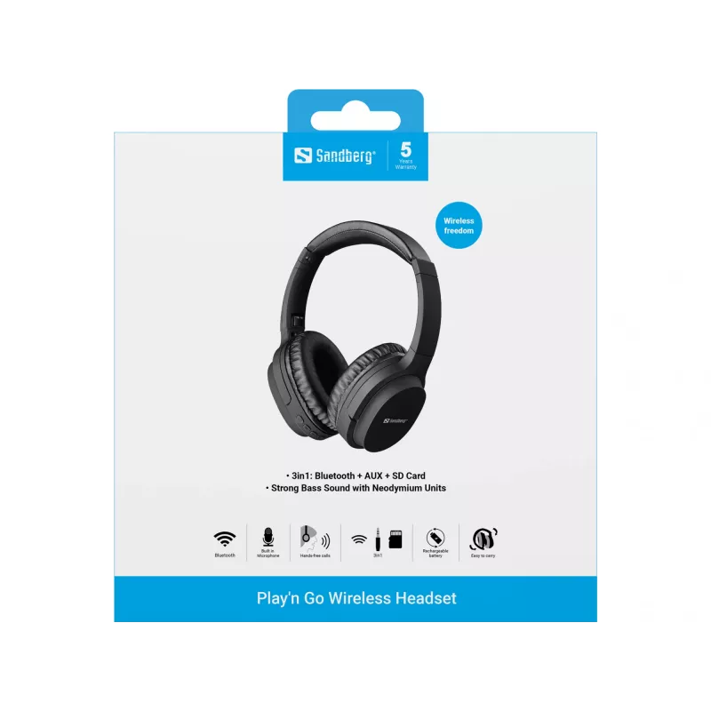 Sandberg 126-37 Play'n Go Bluetooth ausinės su mikrofonu, sulankstomos, laidinės ir belaidės, 3,5 mm, 20 Hz - 20 kHz, 230 g, juodos