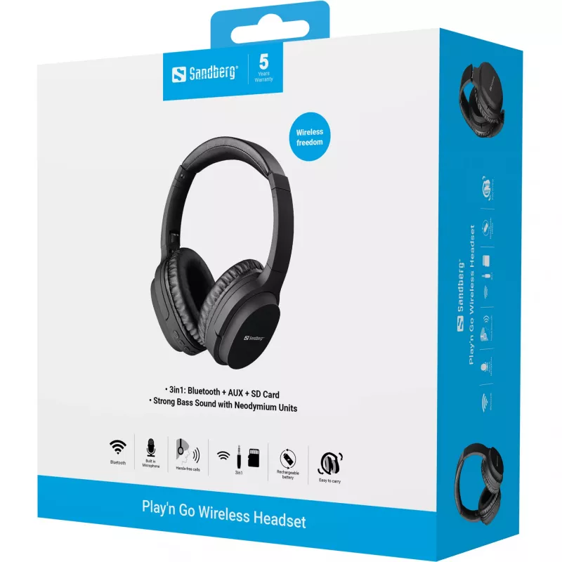 Sandberg 126-37 Play'n Go Bluetooth ausinės su mikrofonu, sulankstomos, laidinės ir belaidės, 3,5 mm, 20 Hz - 20 kHz, 230 g, juodos