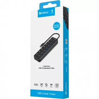 USB mazgas Sandberg 7 prievadai USB 3.0 juodas aliuminis