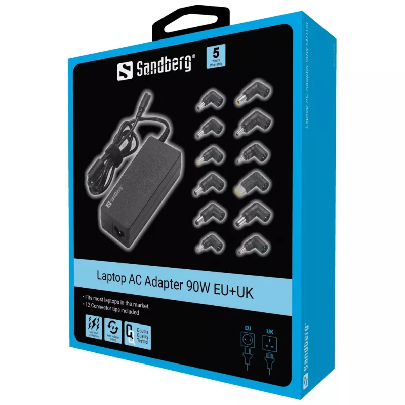 Nešiojamojo kompiuterio maitinimo adapteris Sandberg 90W EU+UK 100-240V juodas