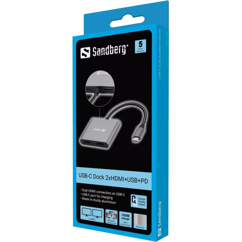 Sandberg USB-C Dock 2xHDMI+USB+PD Maksimali raiška 3840x2160
