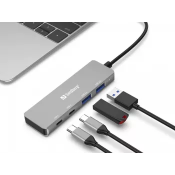 Sandberg USB-C į 2xUSB-A + 2xUSB-C šakotuvas pilkas aliuminis