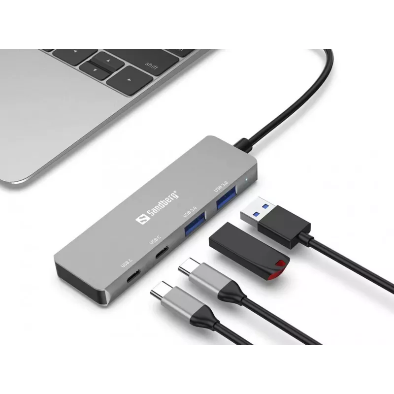 Sandberg USB-C į 2xUSB-A + 2xUSB-C šakotuvas pilkas aliuminis