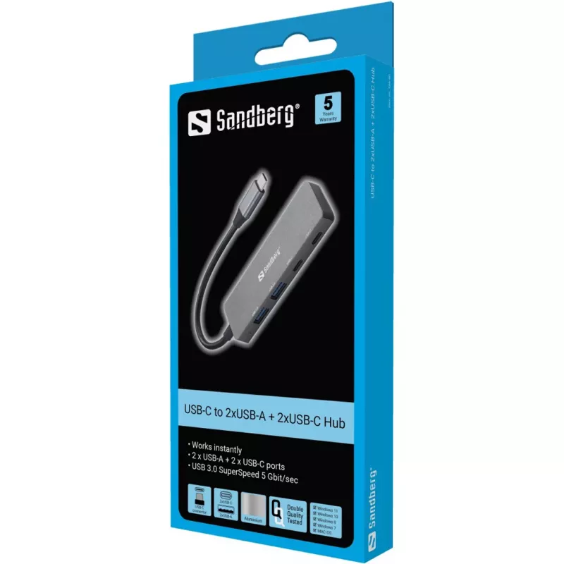 Sandberg USB-C į 2xUSB-A + 2xUSB-C šakotuvas pilkas aliuminis