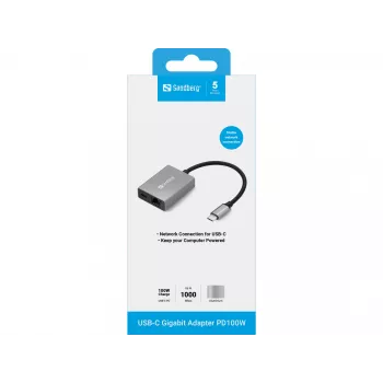 Sandberg USB-C Gigabit Adapter PD100W USB Type-C RJ-45 1 Gbit/s Pilka