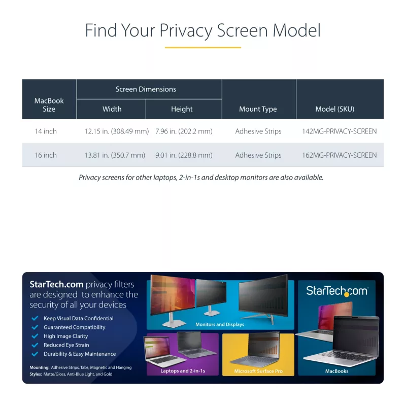 StarTech.com privatumo ekranas 16 colių MacBook Pro 21/23, auksinis filtras su sustiprinta privatumo apsauga, dvipusis ekrano apsauginis stiklas, +/- 30°
