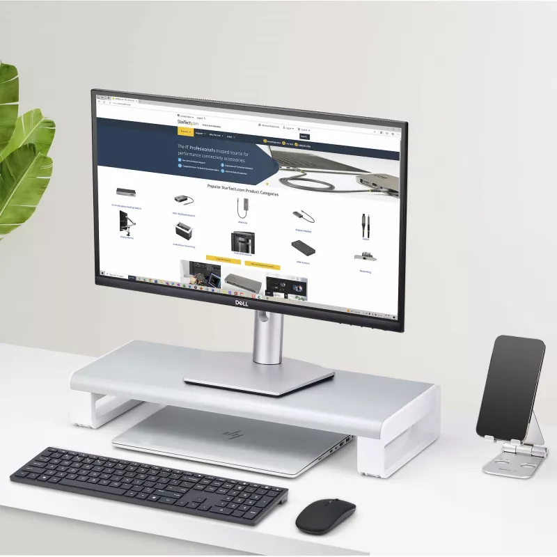 StarTech.com Ergonominis monitoriaus stovas, iki 33 svarų/15 kg, fiksuotas aukštis 3,5 col./9 cm, stalinis monitoriaus/nešiojamojo kompiuterio pakėlimo stovas, plieninė platforma, greitas surinkimas, optimizuota darbo vieta