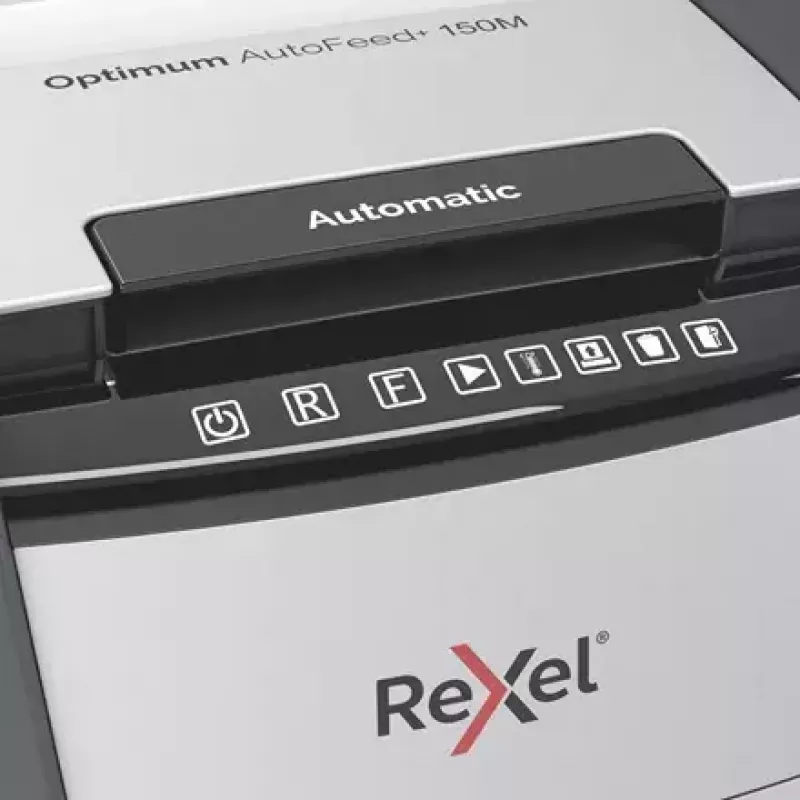 Popieriaus smulkintuvas Rexel Optimum AutoFeed+ 150M, mikro pjūvis, 55 dB, 22 cm, juoda/pilka