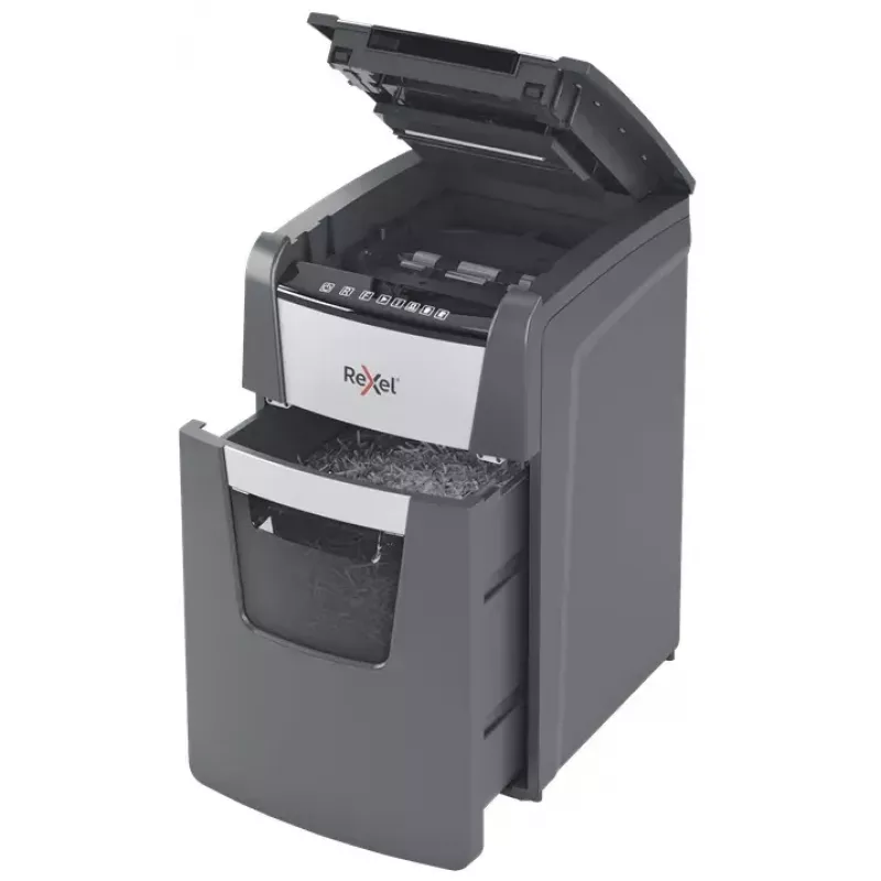 Popieriaus smulkintuvas Rexel Optimum AutoFeed+ 150M, mikro pjūvis, 55 dB, 22 cm, juoda/pilka