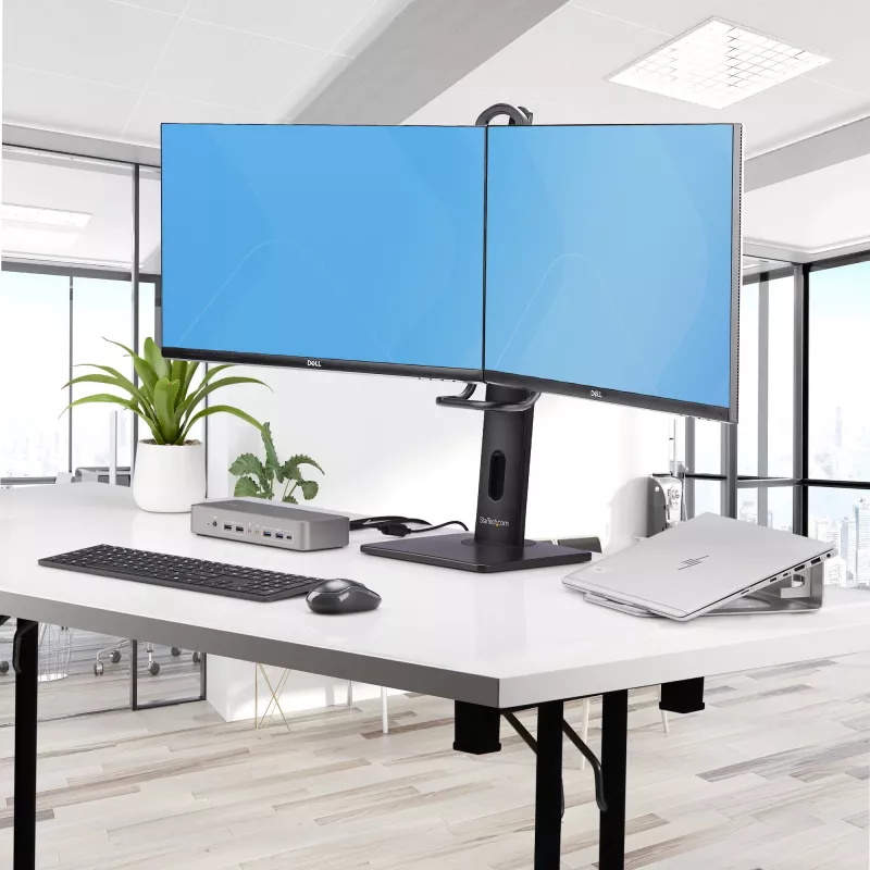 StarTech.com 2MC1S-MONITOR-STAND Crossbar stalinis stovas dviem monitoriams 17–27 colių, VESA, plastikas/aliuminis/plienas, juodos spalvos