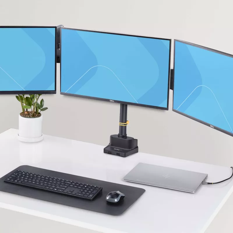 StarTech.com Trijų monitorių stalo laikiklis iki 27 colių ekranams, VESA 75x75/100x100, beįrankis reguliavimas, C spaustuvas / grometinis tvirtinimas, spyruoklinės rankos