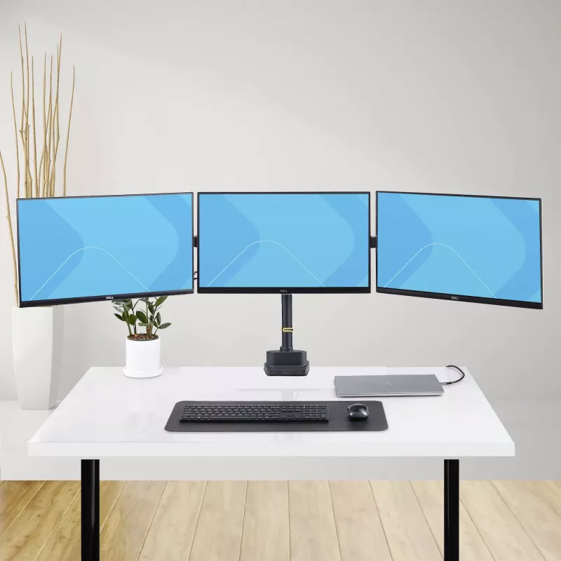 StarTech.com Trijų monitorių stalo laikiklis iki 27 colių ekranams, VESA 75x75/100x100, beįrankis reguliavimas, C spaustuvas / grometinis tvirtinimas, spyruoklinės rankos