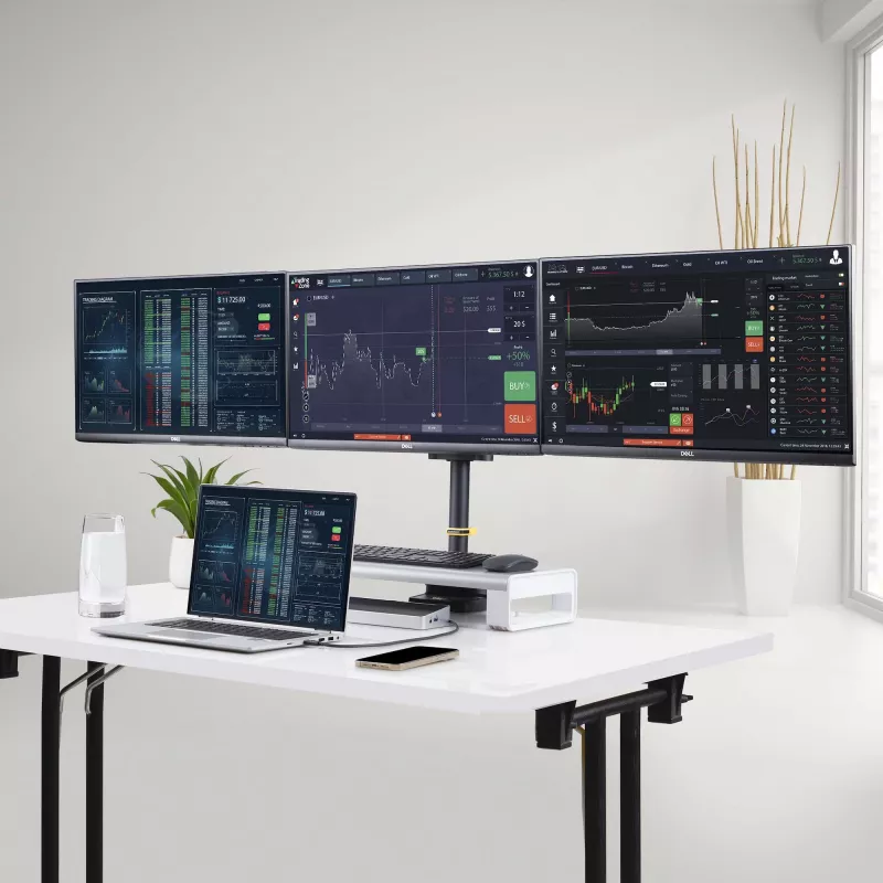 StarTech.com Trijų monitorių stalo laikiklis iki 27 colių ekranams, VESA 75x75/100x100, beįrankis reguliavimas, C spaustuvas / grometinis tvirtinimas, spyruoklinės rankos