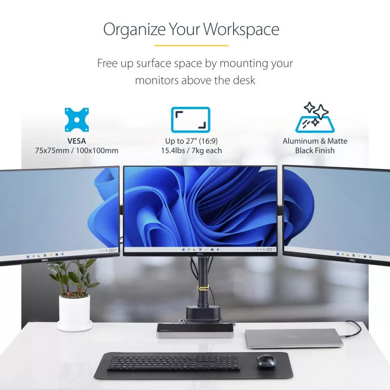 StarTech.com Trijų monitorių stalo laikiklis iki 27 colių ekranams, VESA 75x75/100x100, beįrankis reguliavimas, C spaustuvas / grometinis tvirtinimas, spyruoklinės rankos