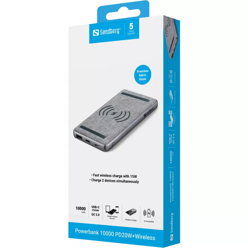 Nešiojamas Powerbank Sandberg Powerbank 10000 PD20W+Wireless, 10000 mAh
