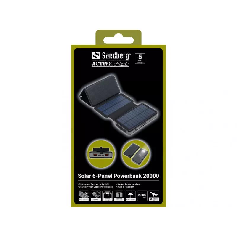 Powerbankas Sandberg Solar 6-Panel 20000mAh Li-polimerinis Juodas