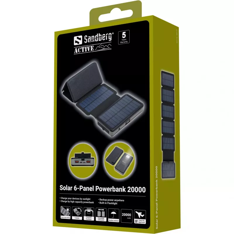 Powerbankas Sandberg Solar 6-Panel 20000mAh Li-polimerinis Juodas