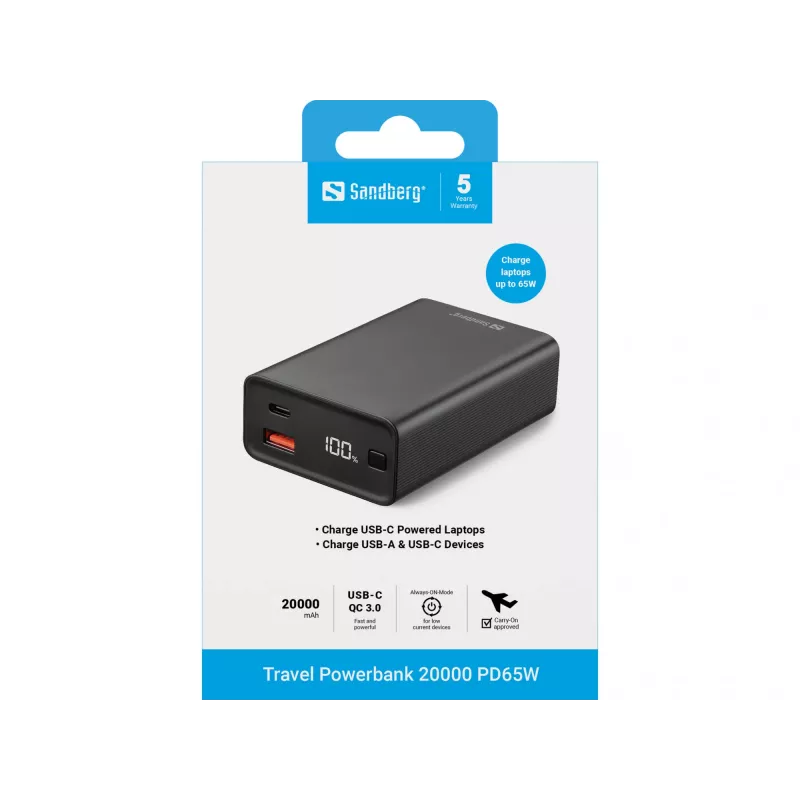 Nešiojamas maitinimo bankas Sandberg Travel Powerbank 20000 PD65W, 20000 mAh