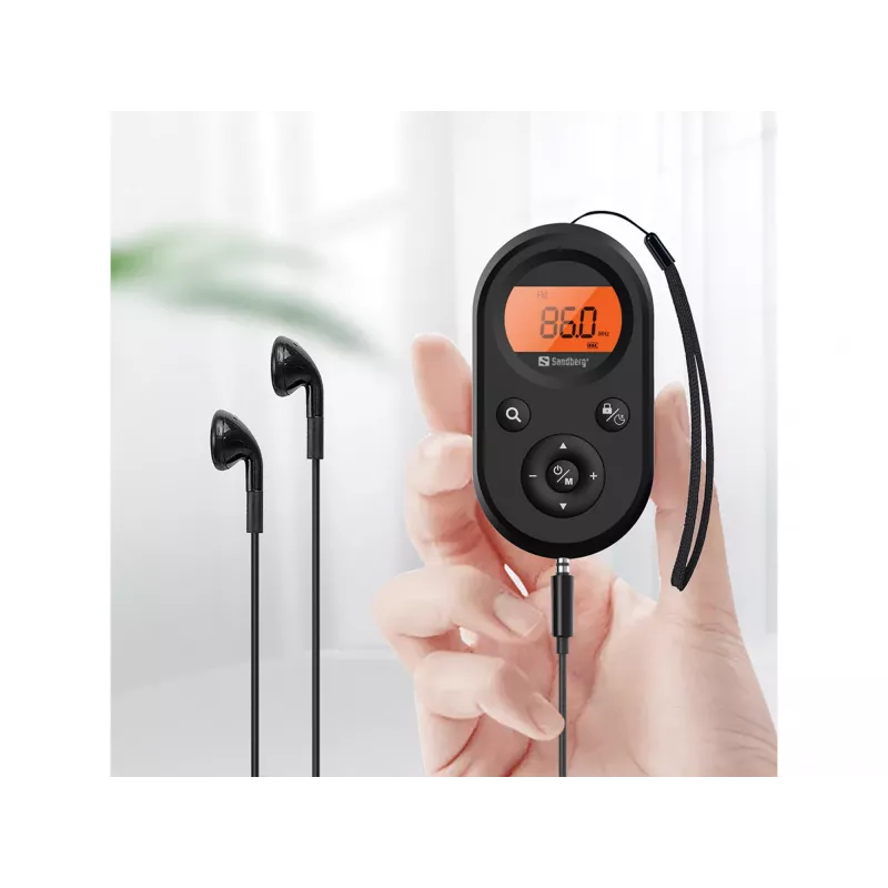 Sandberg 421-02 kišeninis radijas FM+AM Recharge, FM 76–108 MHz, AM 522–1710 kHz, 500 mAh baterija, ekranas, su ausinėmis