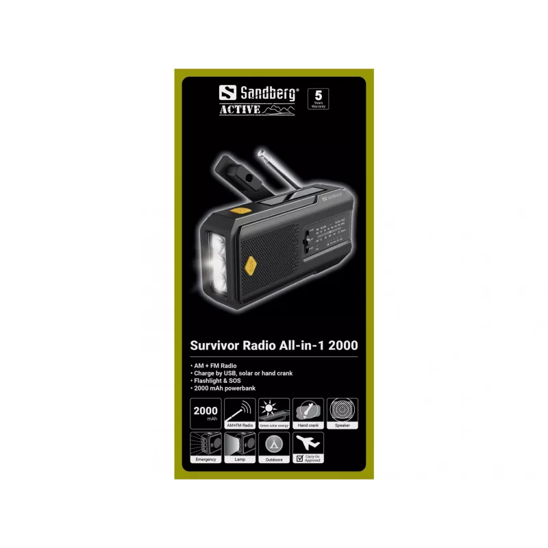 Sandberg Survivor Radio All-in-1 2000, nešiojamas radijas su garsiakalbiu, AM/FM, 3 W, analoginis