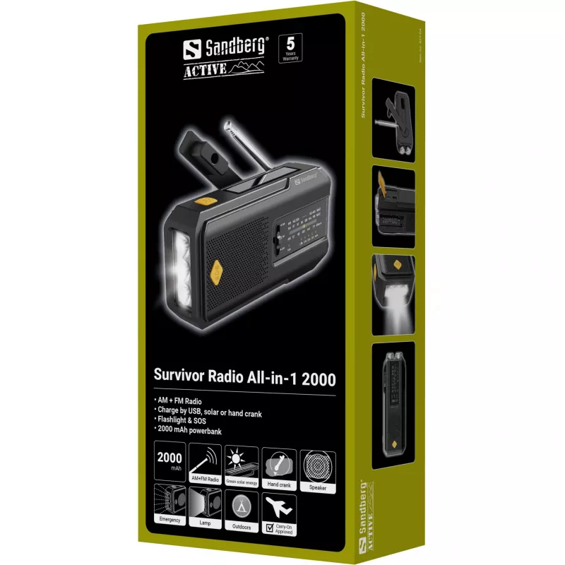 Sandberg Survivor Radio All-in-1 2000, nešiojamas radijas su garsiakalbiu, AM/FM, 3 W, analoginis