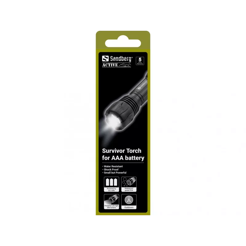 Sandberg Survivor Torch – rankinis žibintuvėlis AAA baterijai, juodas, aliuminis, LED, 3 W, 150 lm