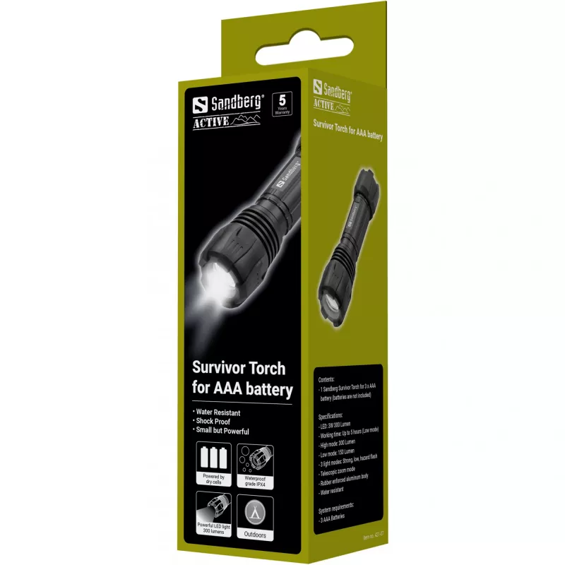 Sandberg Survivor Torch – rankinis žibintuvėlis AAA baterijai, juodas, aliuminis, LED, 3 W, 150 lm
