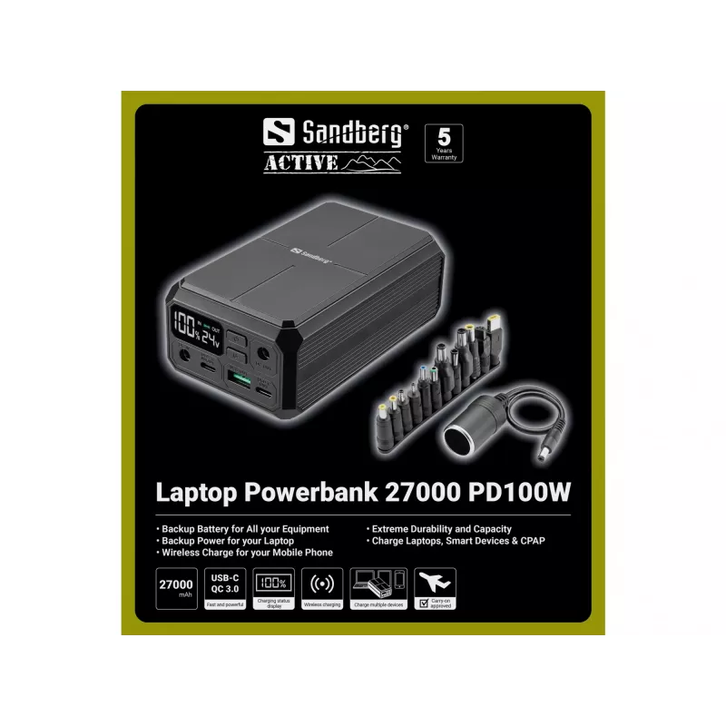 Nešiojamas maitinimo bankas Sandberg Laptop Powerbank 27000 PD100W, 27000 mAh