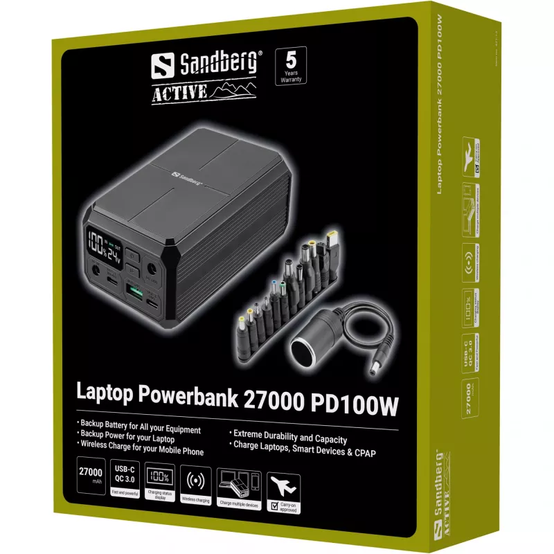 Nešiojamas maitinimo bankas Sandberg Laptop Powerbank 27000 PD100W, 27000 mAh