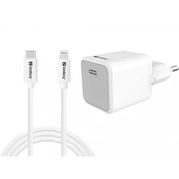 Sandberg 441-57 20W USB-C PD sieninis įkroviklis su integruotu Lightning 1M kabeliu, baltas