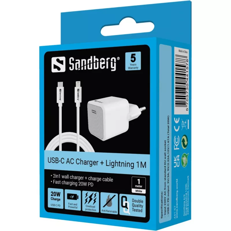 Sandberg 441-57 20W USB-C PD sieninis įkroviklis su integruotu Lightning 1M kabeliu, baltas