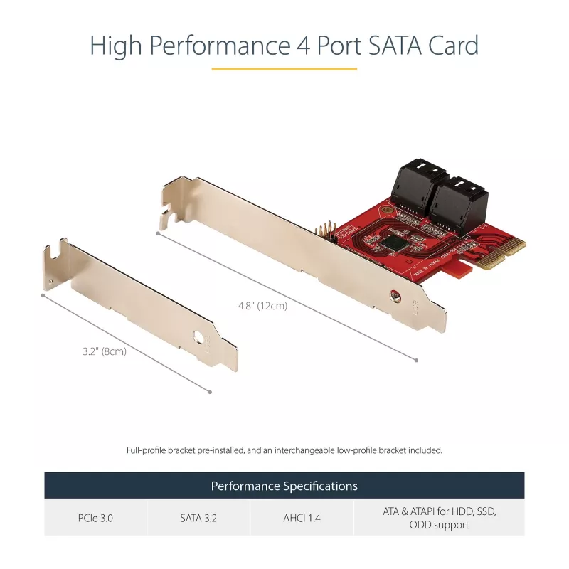 StarTech.com SATA PCIe kortelė – 4 prievadų PCIe SATA plėtimosi kortelė – 6Gbps – žemo profilio laikiklis – sukrauti SATA lizdai – ASM1164 be RAID – PCI Express į SATA keitiklis