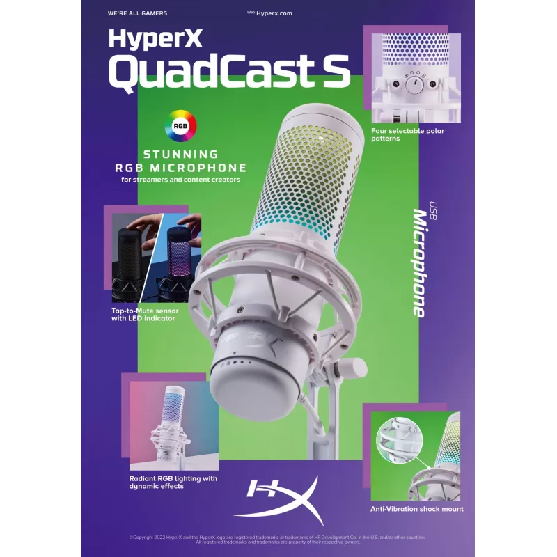 HyperX QuadCast S USB mikrofonas (balta-pilka) su RGB apšvietimu