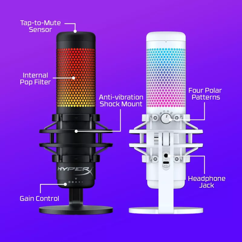 HyperX QuadCast S USB mikrofonas (balta-pilka) su RGB apšvietimu
