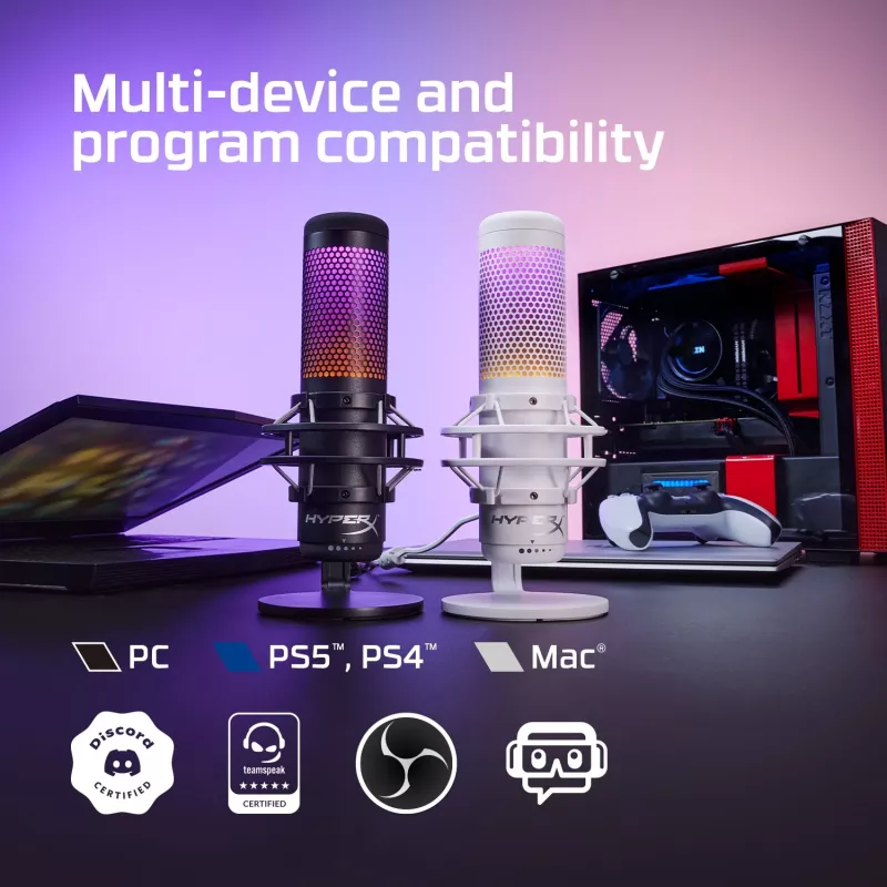 HyperX QuadCast S USB mikrofonas (balta-pilka) su RGB apšvietimu