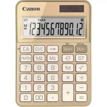 Stalinis skaičiuotuvas Canon KS-125KB su 12 skaitmenų ekranu, mokesčių funkcijomis, baterija/saulė, auksinis