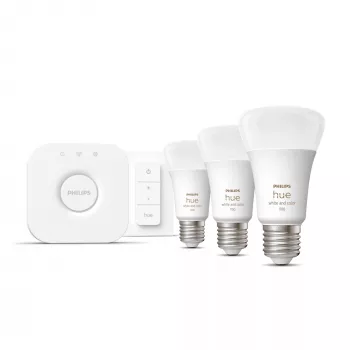 Philips Hue White and Colour Ambience komplektas – 3× E27 11W lemputės, Bluetooth/Zigbee, reguliatorius