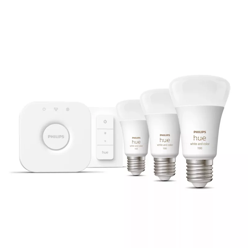 Philips Hue White and Colour Ambience komplektas – 3× E27 11W lemputės, Bluetooth/Zigbee, reguliatorius