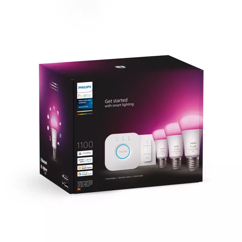 Philips Hue White and Colour Ambience komplektas – 3× E27 11W lemputės, Bluetooth/Zigbee, reguliatorius