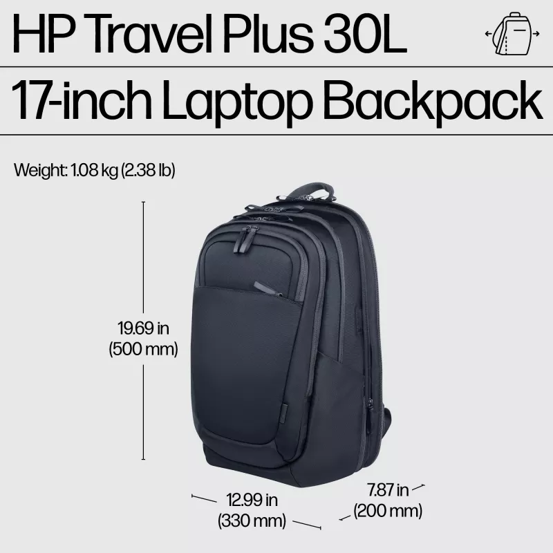 HP Travel Plus 30L 17 colių nešiojamojo kompiuterio kuprinė, 43,2 cm (17 inch), 1,08 kg