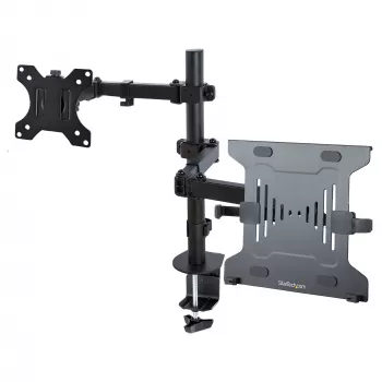 StarTech.com Monitorinė rankena su VESA nešiojamojo kompiuterio padėklu, nešiojamam kompiuteriui (4,5 kg) ir vienam ekranui iki 32 colių (8 kg), juoda, ventiliuojamas padėklas, reguliuojamas nešiojamojo kompiuterio rankenos laikiklis, C-spaustuvas / gromm