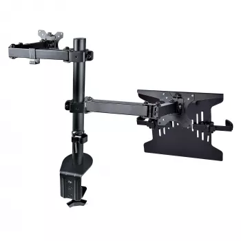 StarTech.com Monitorinė rankena su VESA nešiojamojo kompiuterio padėklu, nešiojamam kompiuteriui (4,5 kg) ir vienam ekranui iki 32 colių (8 kg), juoda, ventiliuojamas padėklas, reguliuojamas nešiojamojo kompiuterio rankenos laikiklis, C-spaustuvas / gromm