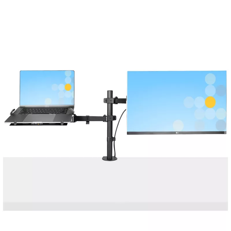 StarTech.com A2-LAPTOP-DESK-MOUNT reguliuojamas monitoriaus laikiklis su VESA nešiojamojo kompiuterio padėklu, kompiuteriui iki 4,5 kg (9,9 lb) ir vienam ekranui, tvirtinimas gnybtu arba per stalo angą, plienas / plastikas, juodas