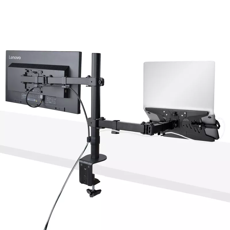 StarTech.com A2-LAPTOP-DESK-MOUNT reguliuojamas monitoriaus laikiklis su VESA nešiojamojo kompiuterio padėklu, kompiuteriui iki 4,5 kg (9,9 lb) ir vienam ekranui, tvirtinimas gnybtu arba per stalo angą, plienas / plastikas, juodas
