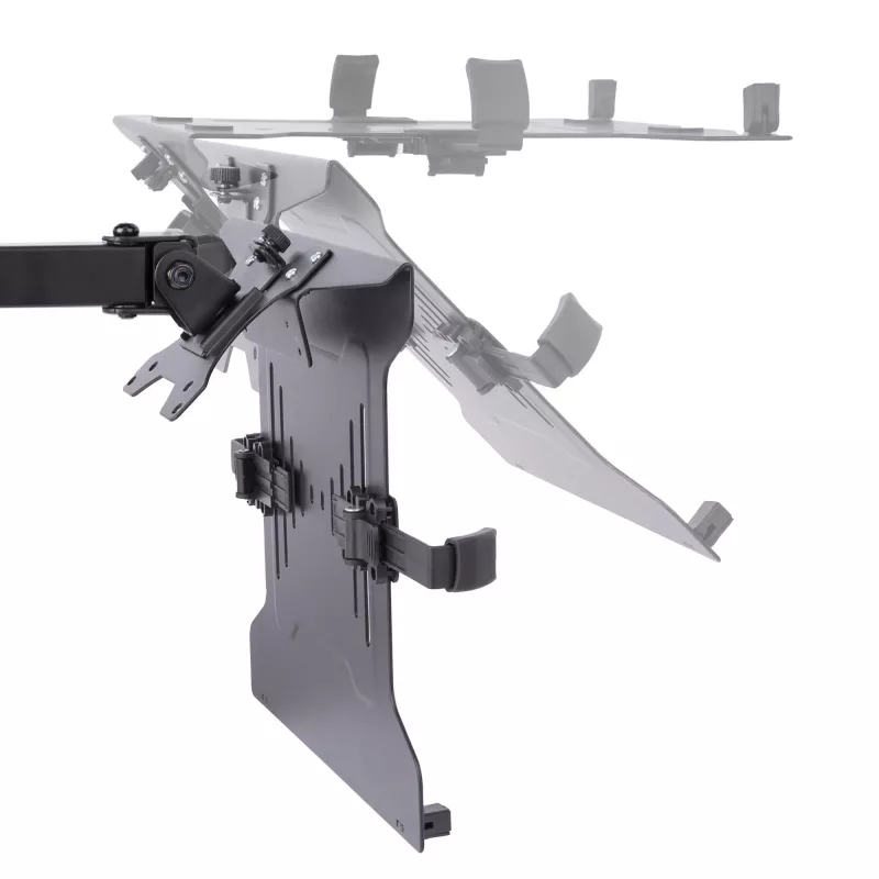 StarTech.com A2-LAPTOP-DESK-MOUNT reguliuojamas monitoriaus laikiklis su VESA nešiojamojo kompiuterio padėklu, kompiuteriui iki 4,5 kg (9,9 lb) ir vienam ekranui, tvirtinimas gnybtu arba per stalo angą, plienas / plastikas, juodas