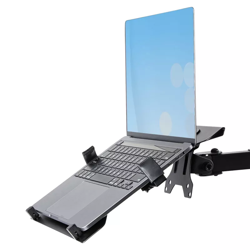 StarTech.com A2-LAPTOP-DESK-MOUNT reguliuojamas monitoriaus laikiklis su VESA nešiojamojo kompiuterio padėklu, kompiuteriui iki 4,5 kg (9,9 lb) ir vienam ekranui, tvirtinimas gnybtu arba per stalo angą, plienas / plastikas, juodas