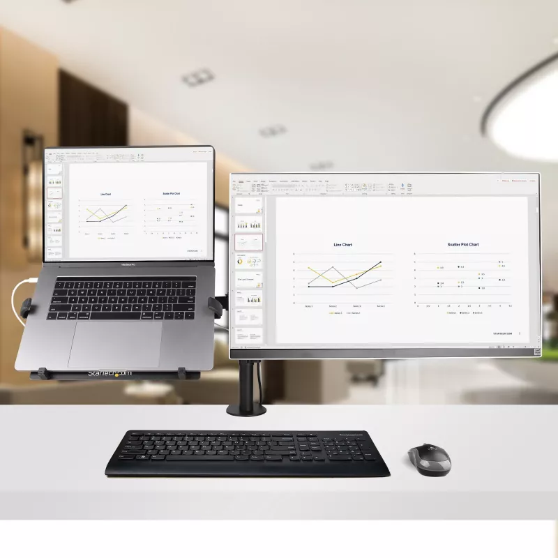 StarTech.com A2-LAPTOP-DESK-MOUNT reguliuojamas monitoriaus laikiklis su VESA nešiojamojo kompiuterio padėklu, kompiuteriui iki 4,5 kg (9,9 lb) ir vienam ekranui, tvirtinimas gnybtu arba per stalo angą, plienas / plastikas, juodas