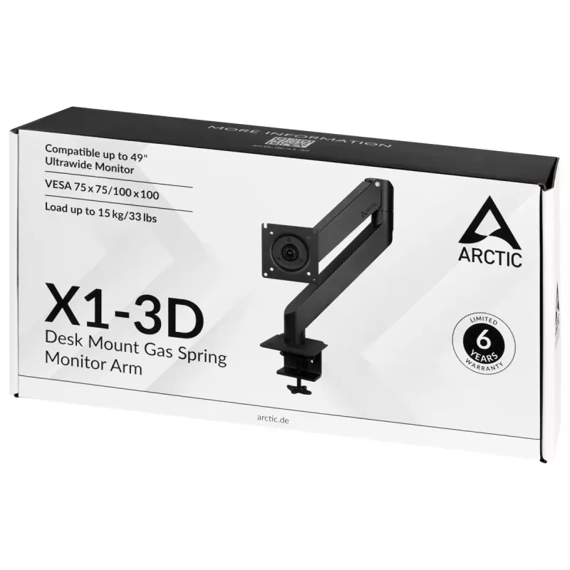 Stalinis laikiklis monitoriui su dujine spyruokle ARCTIC X1-3D – iki 43 colių / 10 kg, VESA 75x75–100x100, juodas
