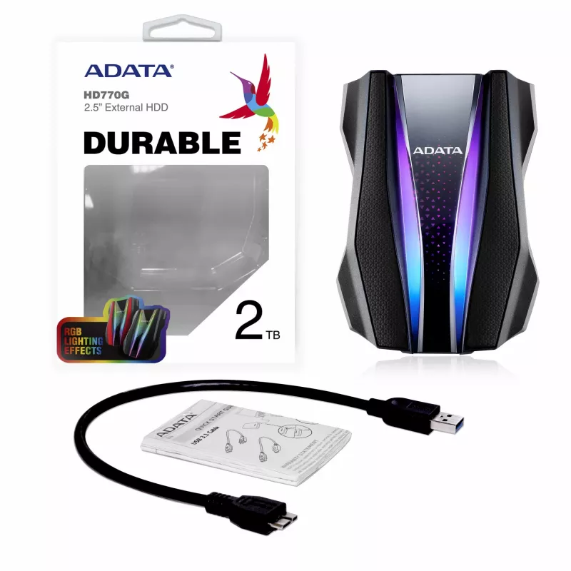 Išorinis kietasis diskas ADATA HD770G 2TB 2,5 colio USB 3.2 Gen 1 juodas, atsparus smūgiams, maitinamas iš USB